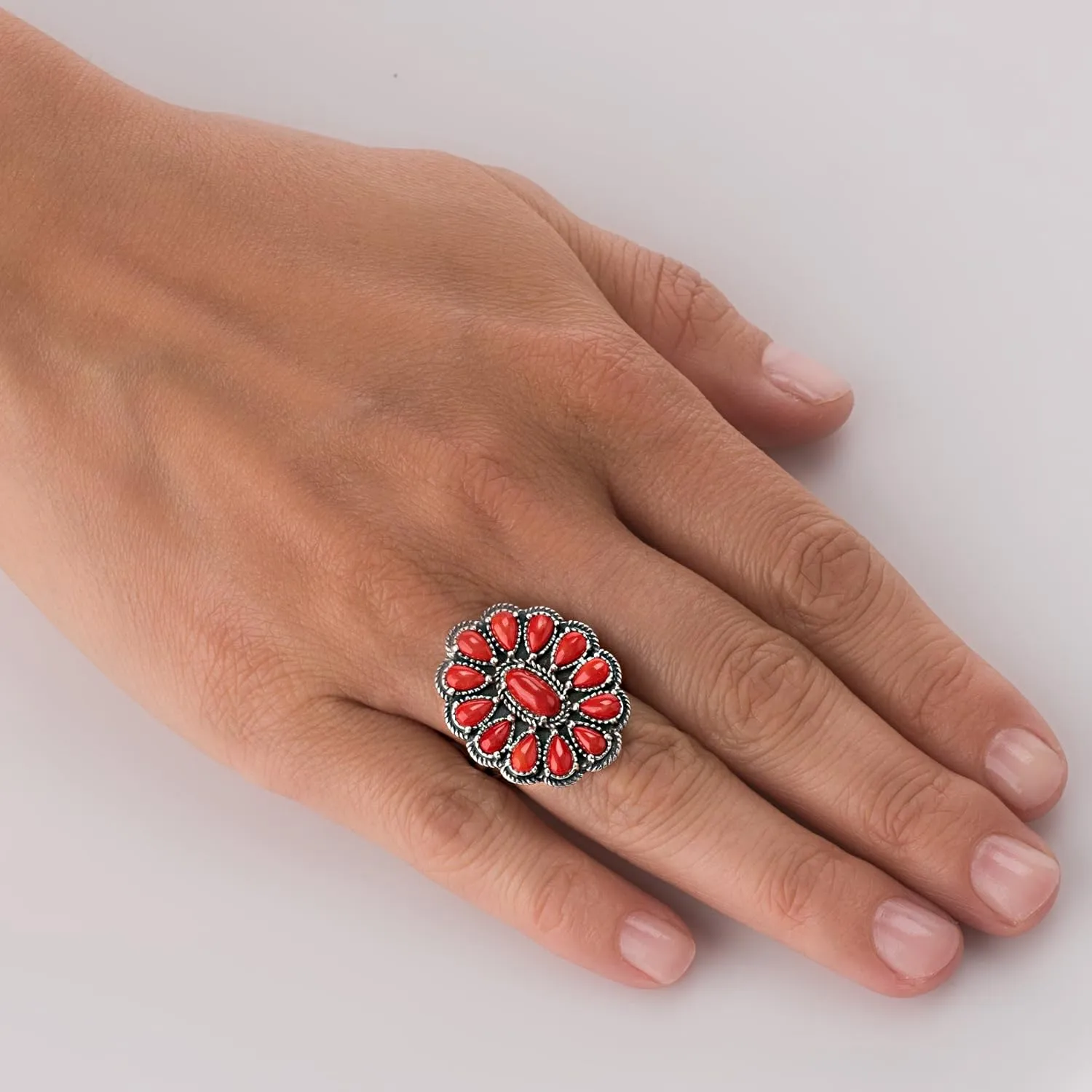American West Jewelry Sterling Silver Women's Ring Choice of Gemstone Color Flower Cluster Design Sizes 5 to 10
