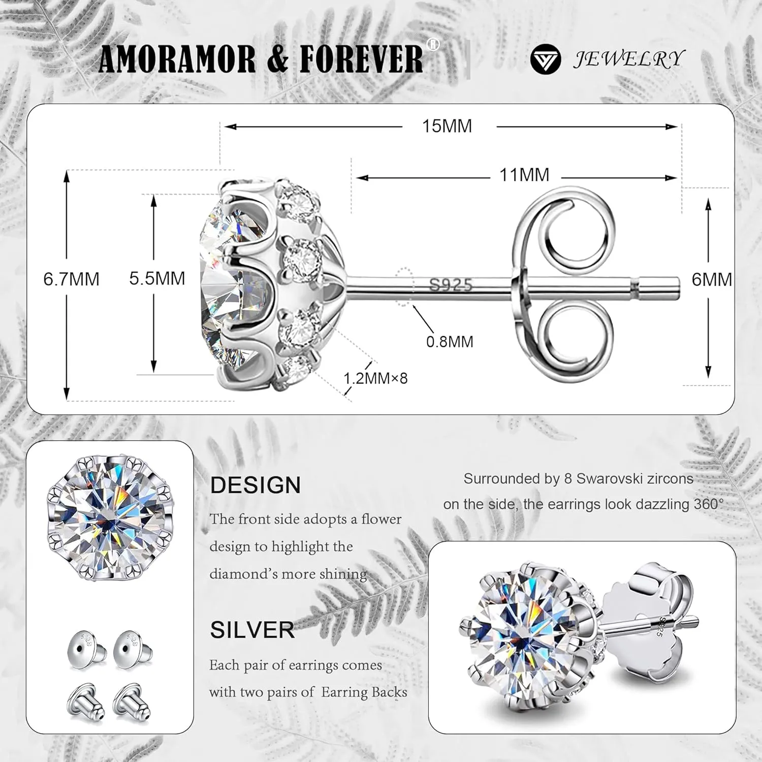 AMORAMOR & FOREVER 18K White Gold Plated Brilliant Cut Cubic Zirconia Stud Earrings For Women Men 8 Prong 8 Zirconia Sterling Silver Post Hypoallergenic CZ Stud Earrings