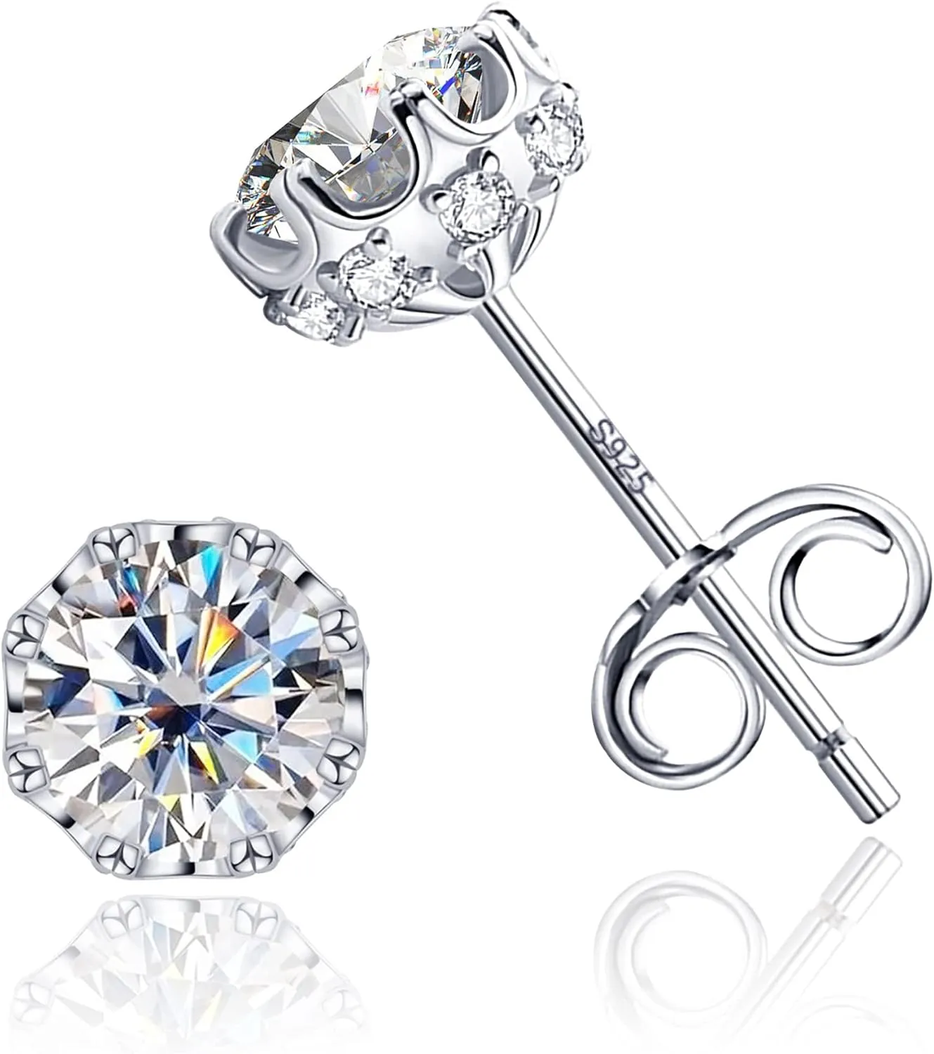 AMORAMOR & FOREVER 18K White Gold Plated Brilliant Cut Cubic Zirconia Stud Earrings For Women Men 8 Prong 8 Zirconia Sterling Silver Post Hypoallergenic CZ Stud Earrings