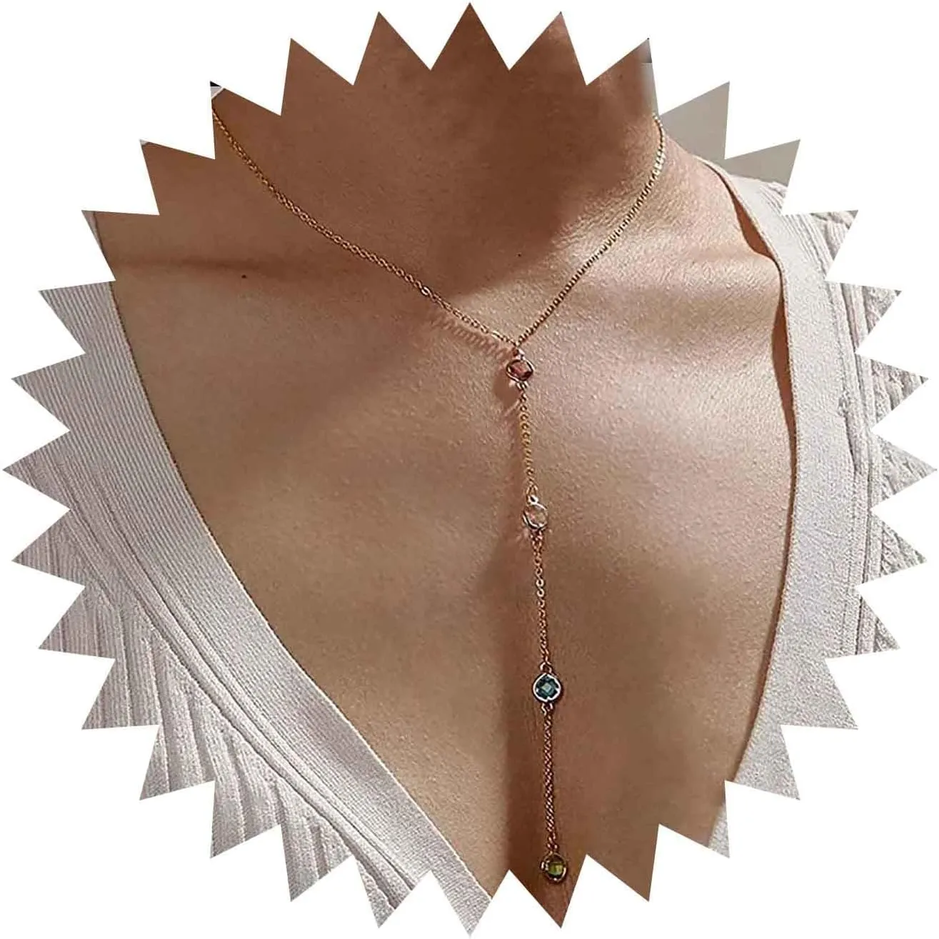 Andelaisi Boho Crystal Y Lariat Necklace Colorful Rhinestone Y Necklace Rainbow Crystal Cz Y Drop Necklace Long Chain Crystal Pendant Necklace Jewelry for Women