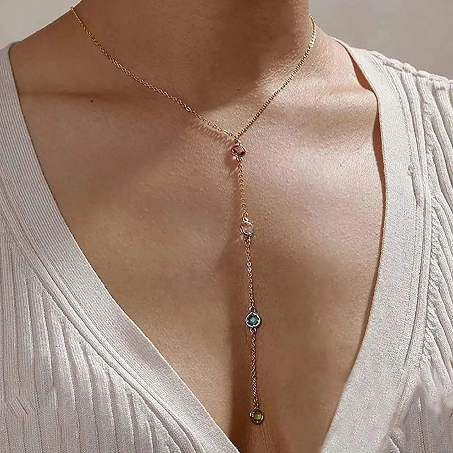 Andelaisi Boho Crystal Y Lariat Necklace Colorful Rhinestone Y Necklace Rainbow Crystal Cz Y Drop Necklace Long Chain Crystal Pendant Necklace Jewelry for Women