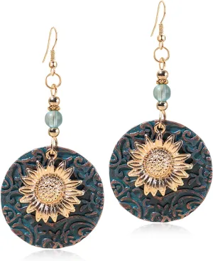 ANDPAI Unique Bohemian Vintage Bronze Double Layer Sunflower Dangle Drop Earrings Handmade Metal Retro Yellow Gold Flower Round Circle Earrings for Women Statement Jewelry Gifts
