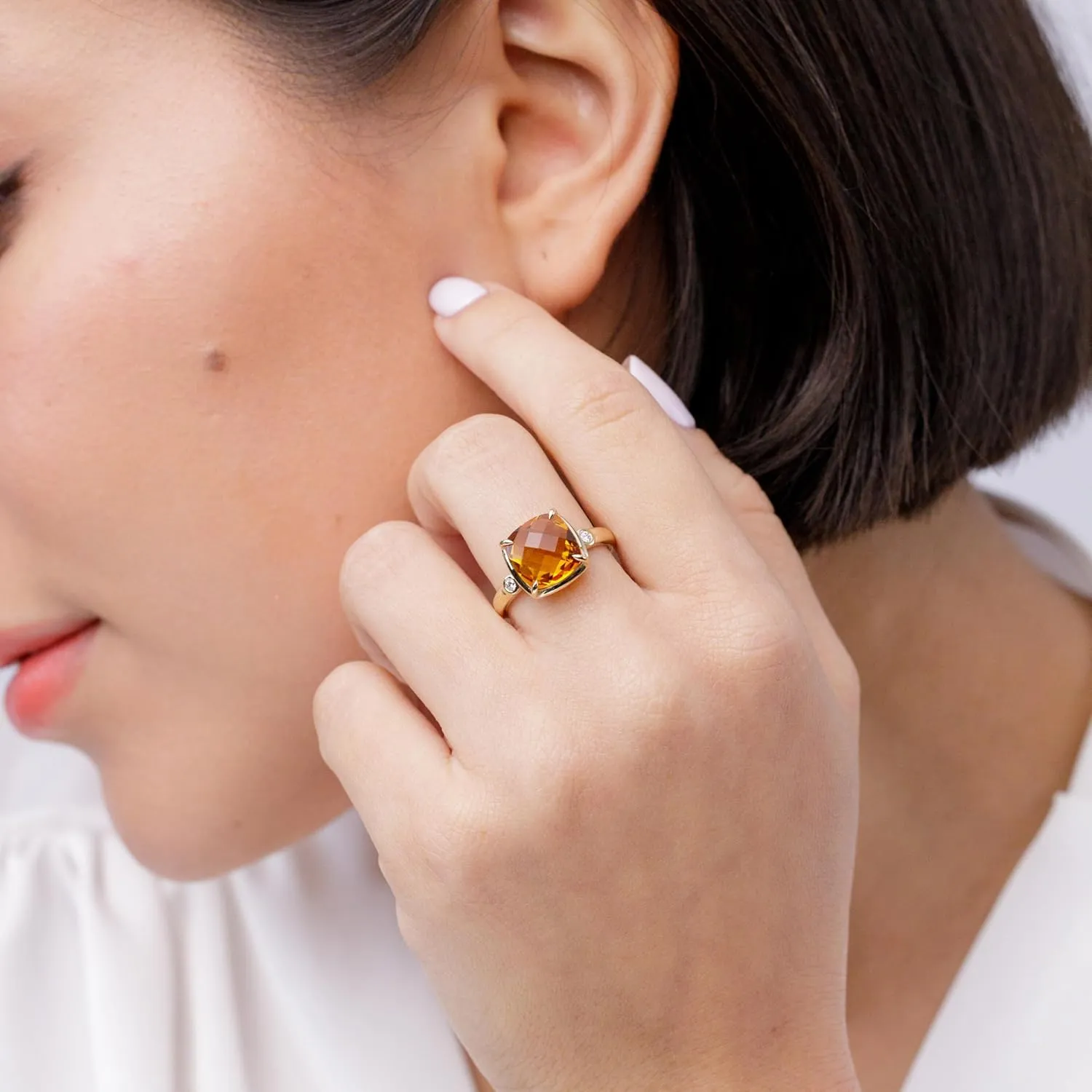 Angara Natural Cushion Citrine Cocktail Ring with Bezel Diamonds in 14K Solid Gold/Platinum | November Birthstone, Birthday, Engagement, Anniversary, Wedding Jewelry Gift for Women