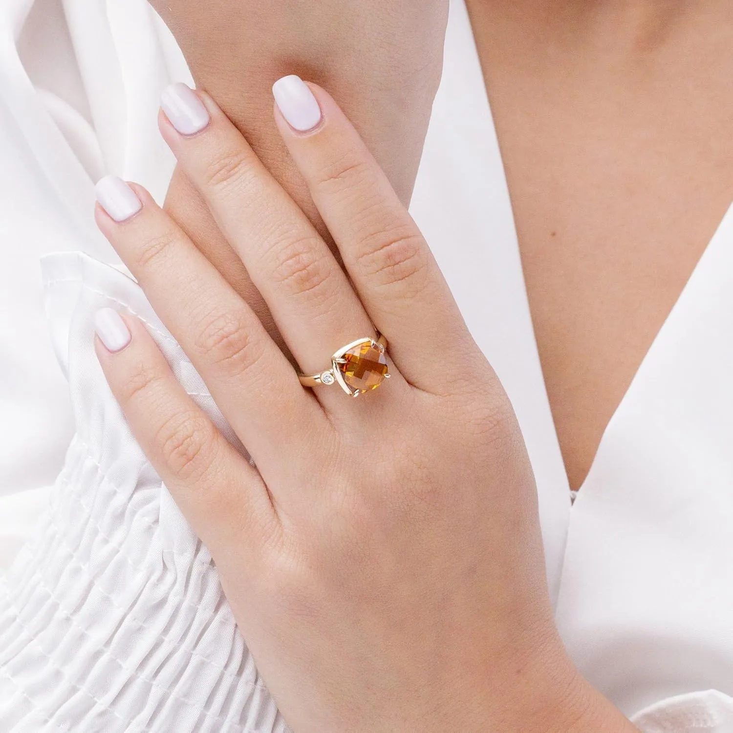 Angara Natural Cushion Citrine Cocktail Ring with Bezel Diamonds in 14K Solid Gold/Platinum | November Birthstone, Birthday, Engagement, Anniversary, Wedding Jewelry Gift for Women