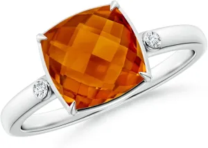Angara Natural Cushion Citrine Cocktail Ring with Bezel Diamonds in 14K Solid Gold/Platinum | November Birthstone, Birthday, Engagement, Anniversary, Wedding Jewelry Gift for Women