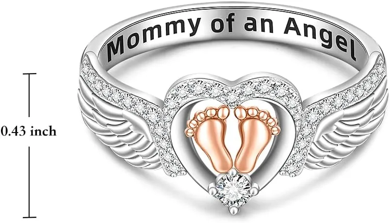 Angel Wing for Women Mother Sterling Silver 925 Heart Footprint Mommy of An Angel Memorial Rings Jewelry Mothers Day Christmas Gifts