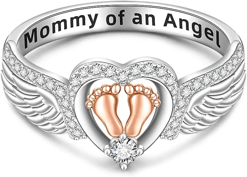 Angel Wing for Women Mother Sterling Silver 925 Heart Footprint Mommy of An Angel Memorial Rings Jewelry Mothers Day Christmas Gifts