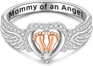 Angel Wing for Women Mother Sterling Silver 925 Heart Footprint Mommy of An Angel Memorial Rings Jewelry Mothers Day Christmas Gifts
