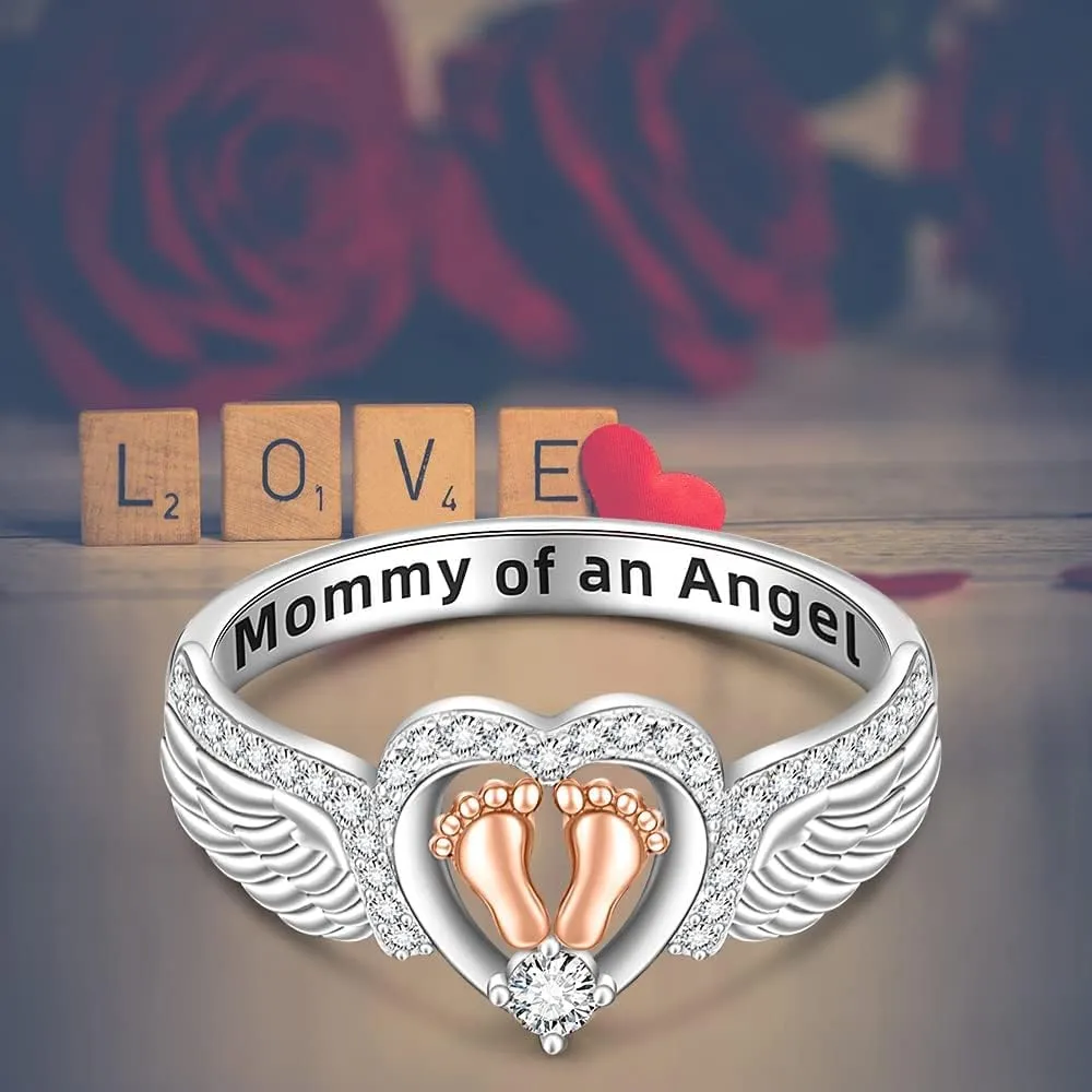 Angel Wing for Women Mother Sterling Silver 925 Heart Footprint Mommy of An Angel Memorial Rings Jewelry Mothers Day Christmas Gifts
