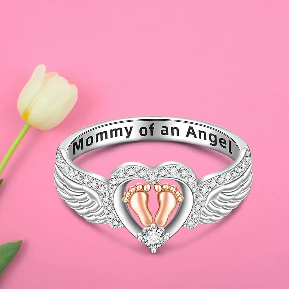 Angel Wing for Women Mother Sterling Silver 925 Heart Footprint Mommy of An Angel Memorial Rings Jewelry Mothers Day Christmas Gifts