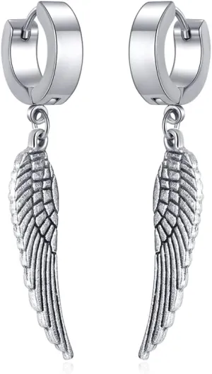 Angel Wings Dangle Small Hoop Earrings for Women Men Stainless Steel Hypoallergenic Gothic Style Round Huggie Punk Feather Dangling Cuff Drop Mini Hoops Fashion Jewelry Gifts Birthday for BFF