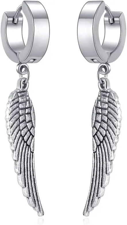 Angel Wings Dangle Small Hoop Earrings for Women Men Stainless Steel Hypoallergenic Gothic Style Round Huggie Punk Feather Dangling Cuff Drop Mini Hoops Fashion Jewelry Gifts Birthday for BFF