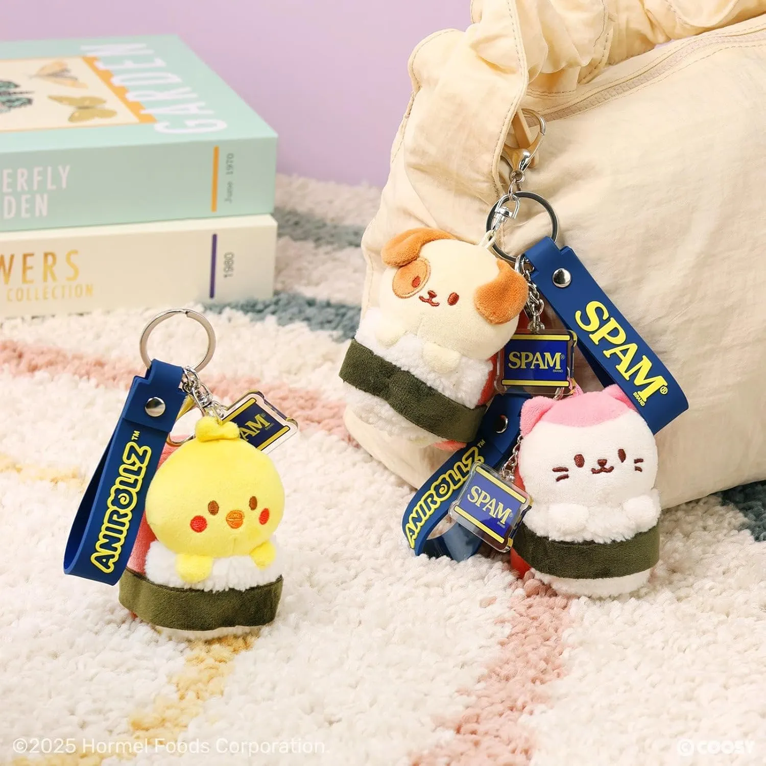 Anirollz Puppiroll SPAM Musubi Plush Charm  Cute Mini Plush Keychain with SPAM Can Charm & Lobster Clasp