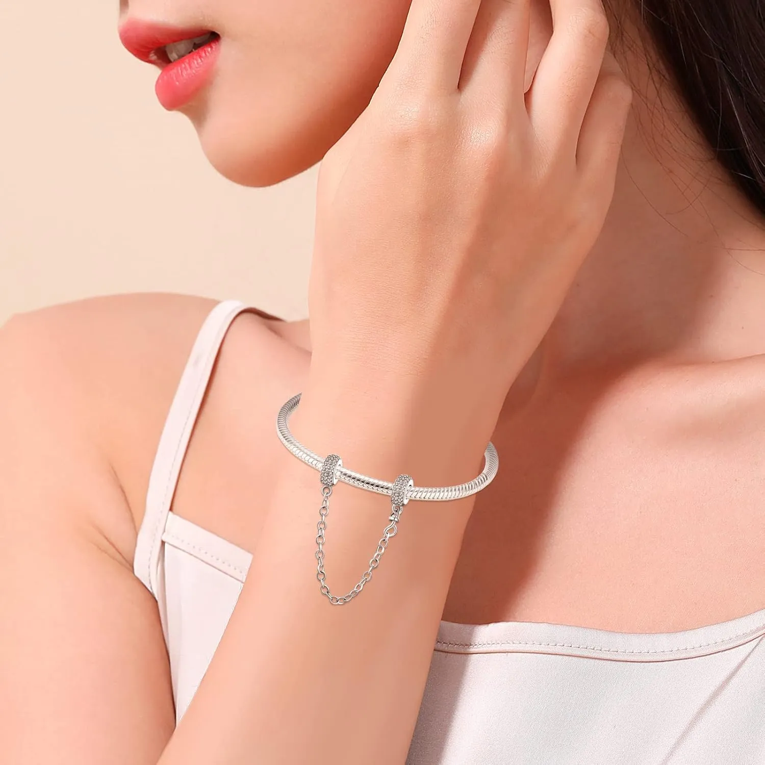 Annmors 925 Sterling Silver Clip Charms Safety Chain fit Bracelets Necklaces Stopper Beads with 5A Cubic Zirconia Christmas Mother's Day Gift for Women