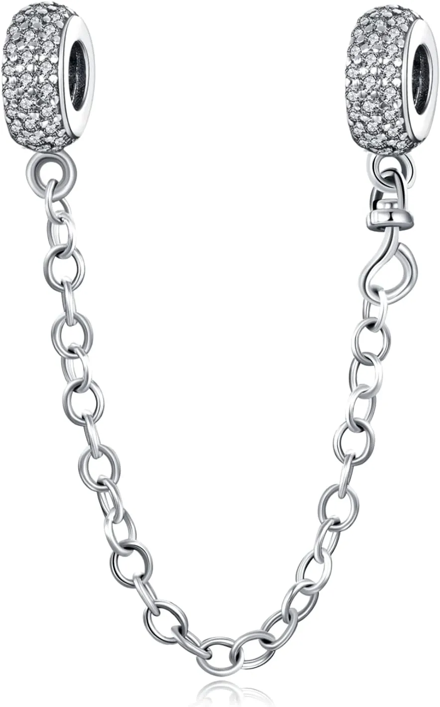Annmors 925 Sterling Silver Clip Charms Safety Chain fit Bracelets Necklaces Stopper Beads with 5A Cubic Zirconia Christmas Mother's Day Gift for Women