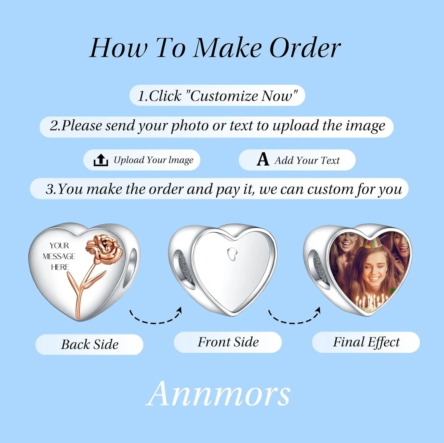 Annmors Personalized Photo Charm for Bracelet Necklaces,925 Sterling Silver Charm Love Heart Shaped Engraved Customize Picture Gift for Birthday Mother's Day Christmas,Bead Charms Jewelry for Women