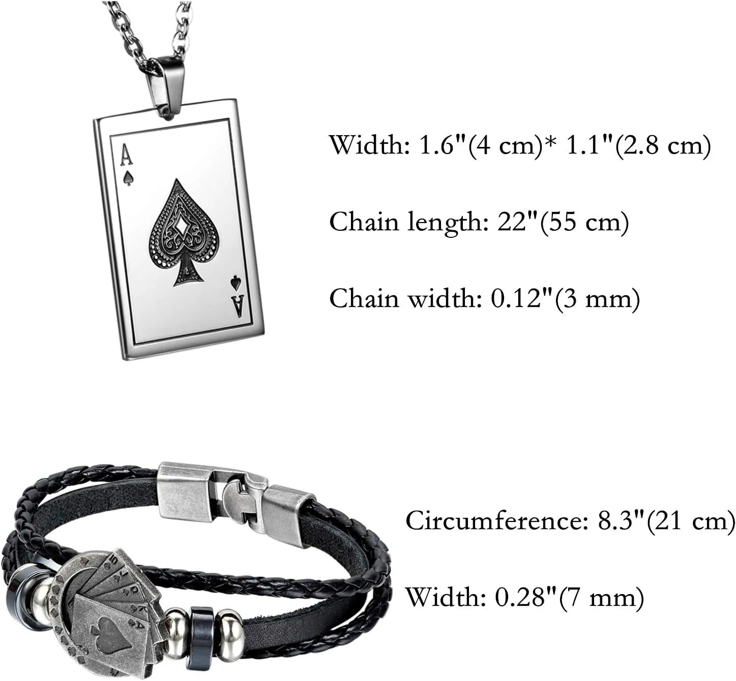 Aroncent 2 Pcs Stainless Steel Ace of Spades Necklace Braided Leather Cool Skull Bracelet Poker Jewerly Set Cool Bracelets Personalized Necklace for Men