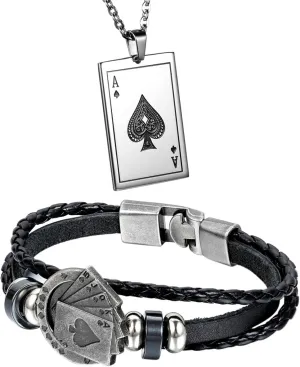 Aroncent 2 Pcs Stainless Steel Ace of Spades Necklace Braided Leather Cool Skull Bracelet Poker Jewerly Set Cool Bracelets Personalized Necklace for Men