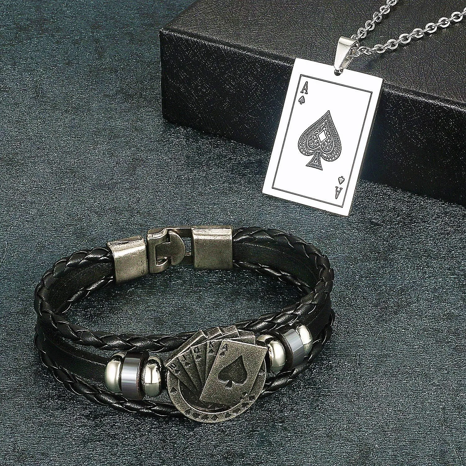 Aroncent 2 Pcs Stainless Steel Ace of Spades Necklace Braided Leather Cool Skull Bracelet Poker Jewerly Set Cool Bracelets Personalized Necklace for Men