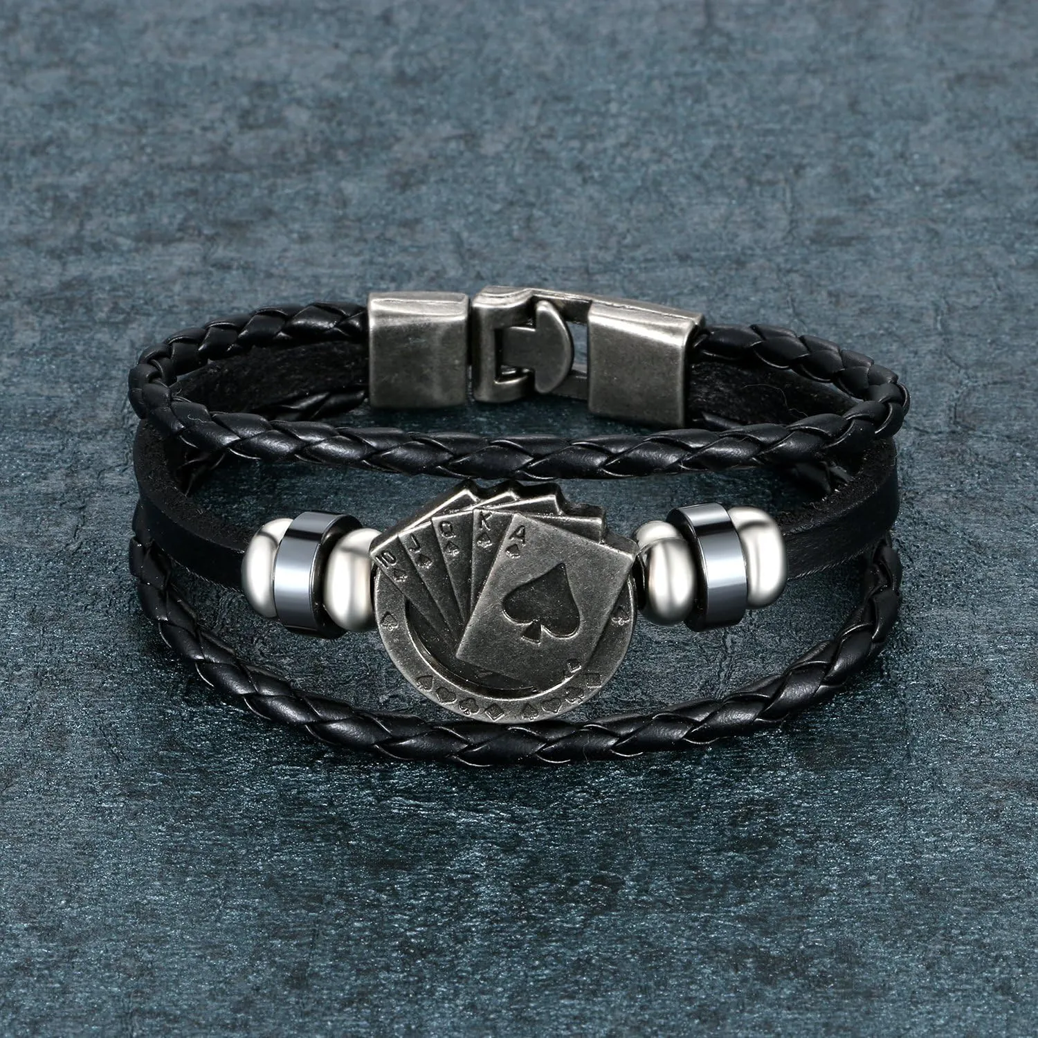 Aroncent 2 Pcs Stainless Steel Ace of Spades Necklace Braided Leather Cool Skull Bracelet Poker Jewerly Set Cool Bracelets Personalized Necklace for Men