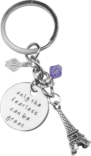 Art Attack Only Fearless Can Be Great Keychain, Paris Eiffel Tower Purple Beaded Pendant Charm Key Chain Ring (Silver)