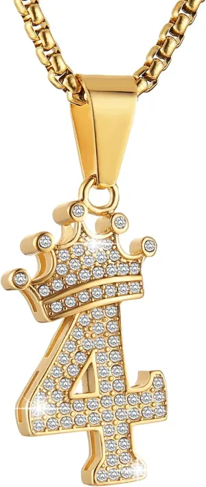 AsAlways 18K Gold Plated Crown Number Necklace for Men Women Hip Hop Bling Cubic Zirconia Lucky Numbers Pendant Necklace Jewelry Gift