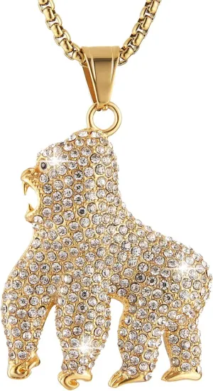AsAlways 18K Gold Plated Gorilla Pendant Necklace for Men Stainless Steel Hip Hop Shiny Cubic Zirconia Animal Ape Necklace Jewelry Gift