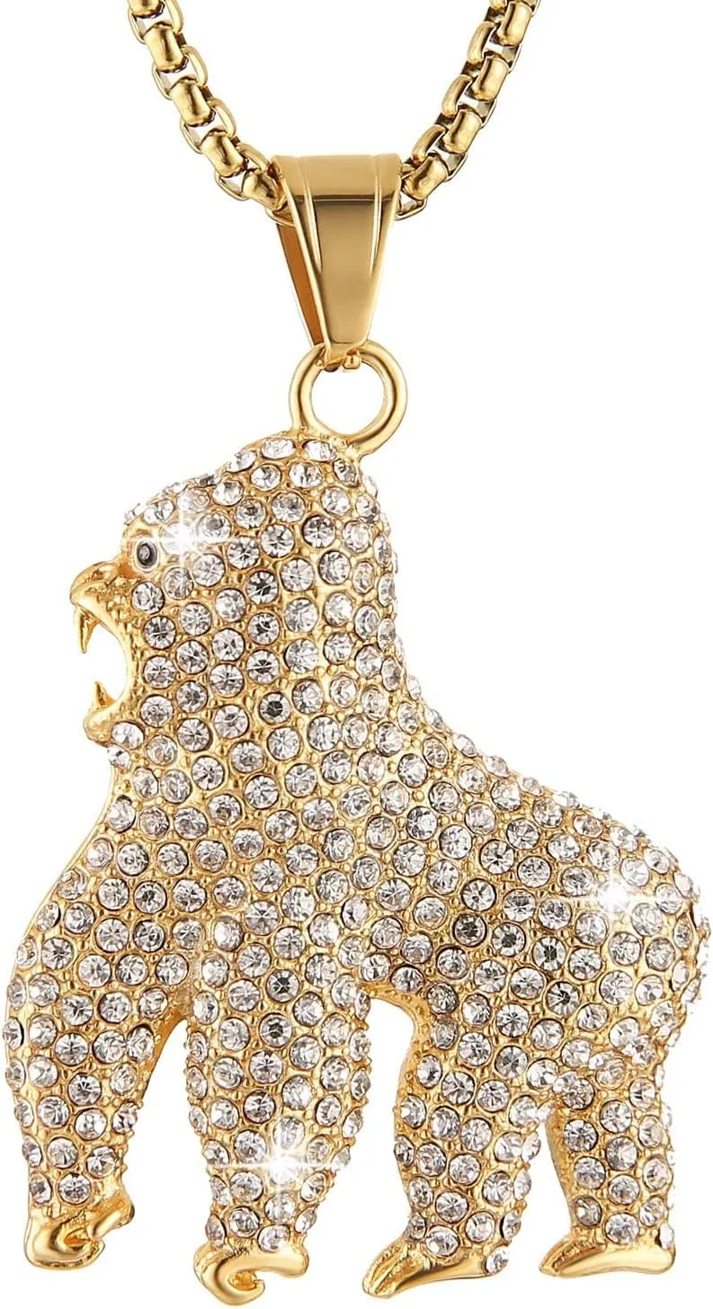 AsAlways 18K Gold Plated Gorilla Pendant Necklace for Men Stainless Steel Hip Hop Shiny Cubic Zirconia Animal Ape Necklace Jewelry Gift