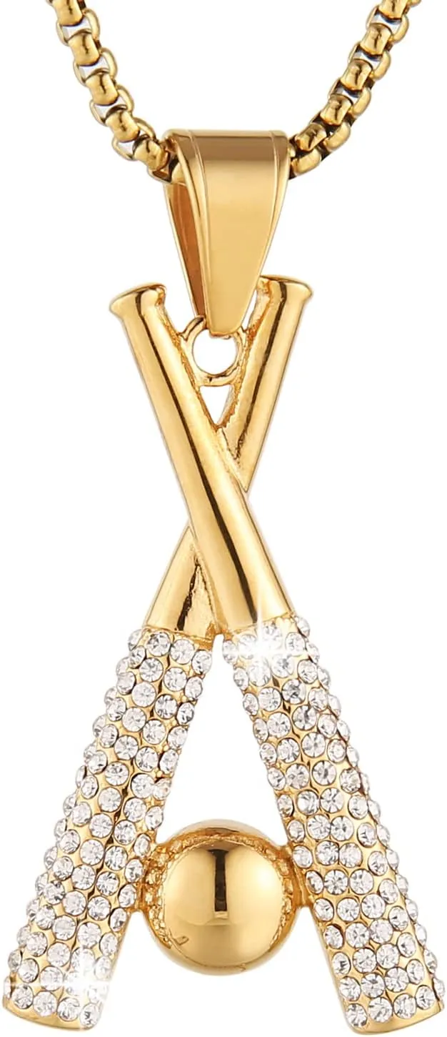 AsAlways Hip Hop Jewelry Iced Out Cross Baseball Bat Pendant Sports 18k Gold Plated Necklace for Men Women