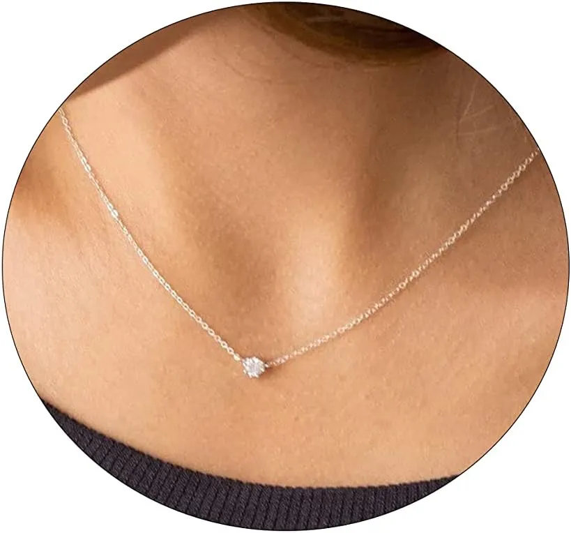 ASCOMY Dainty CZ Diamond Solitaire Pendant Necklaces for Women 14K Gold Plated Single Round Cubic Zirconia Square Simulated Diamond Choker Necklace Bride Bridesmaid Weeding Jewelry Gifts