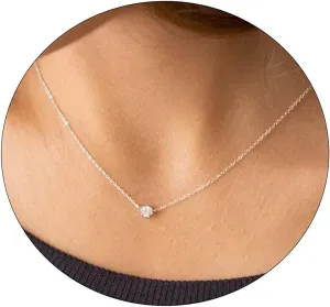 ASCOMY Dainty CZ Diamond Solitaire Pendant Necklaces for Women 14K Gold Plated Single Round Cubic Zirconia Square Simulated Diamond Choker Necklace Bride Bridesmaid Weeding Jewelry Gifts