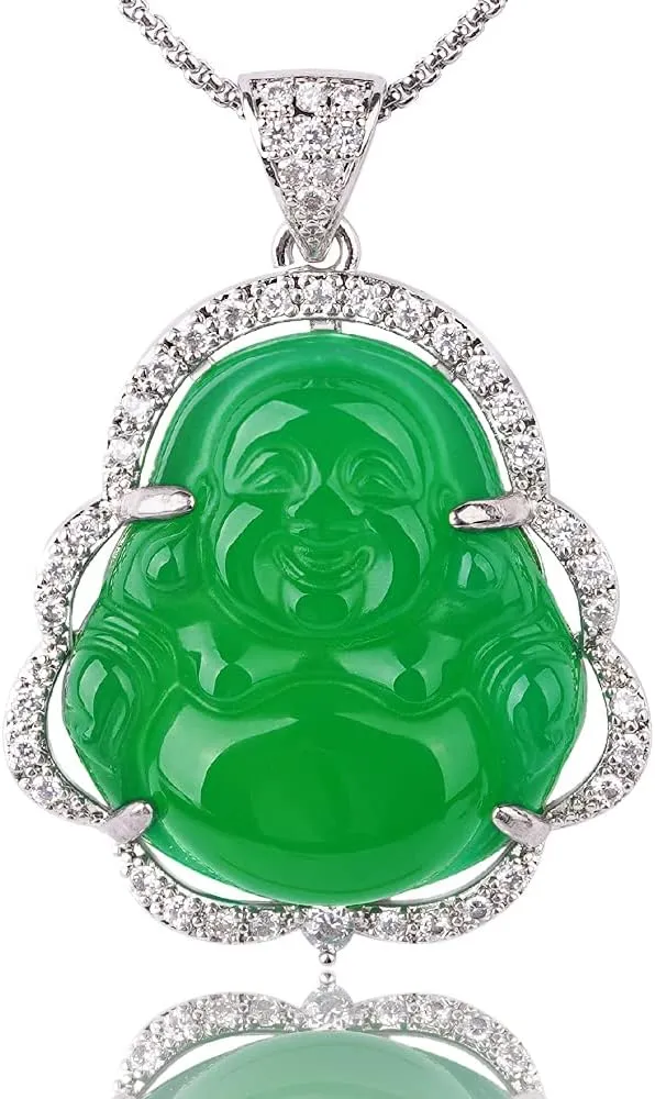 ASGIFT Laughing Buddha Necklace Cubic Zirconia Green Jade Buddha Pendant with 18K Gold Plated Chain Lucky Buddha Necklace Jewelry Gift