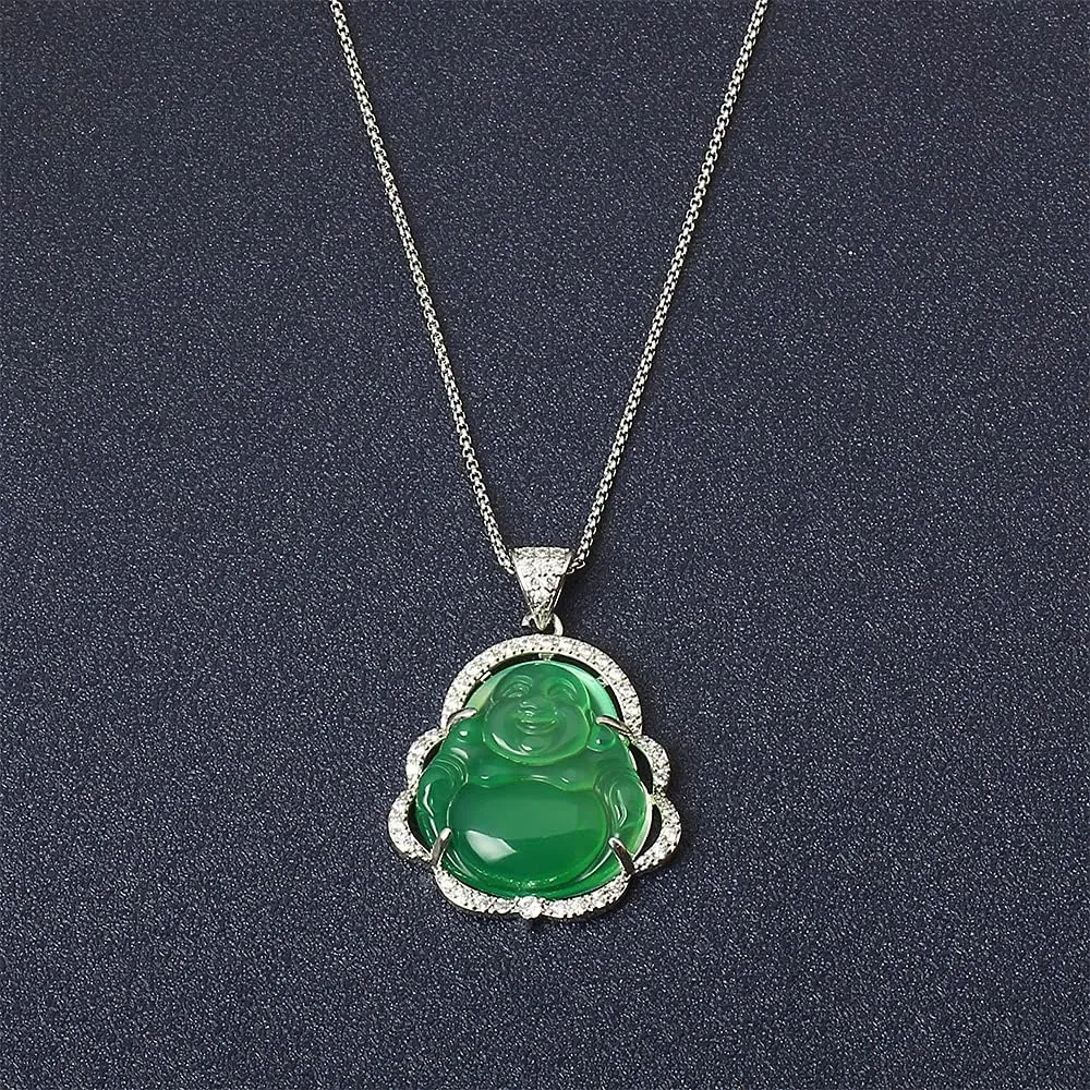 ASGIFT Laughing Buddha Necklace Cubic Zirconia Green Jade Buddha Pendant with 18K Gold Plated Chain Lucky Buddha Necklace Jewelry Gift