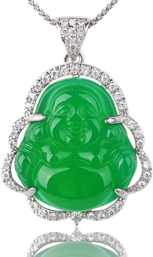 ASGIFT Laughing Buddha Necklace Cubic Zirconia Green Jade Buddha Pendant with 18K Gold Plated Chain Lucky Buddha Necklace Jewelry Gift