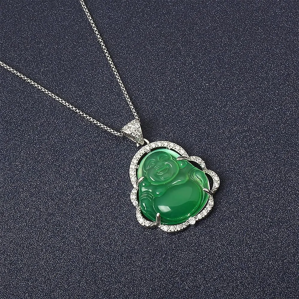ASGIFT Laughing Buddha Necklace Cubic Zirconia Green Jade Buddha Pendant with 18K Gold Plated Chain Lucky Buddha Necklace Jewelry Gift
