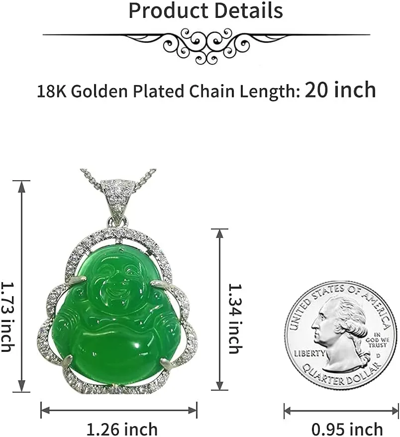ASGIFT Laughing Buddha Necklace Cubic Zirconia Green Jade Buddha Pendant with 18K Gold Plated Chain Lucky Buddha Necklace Jewelry Gift