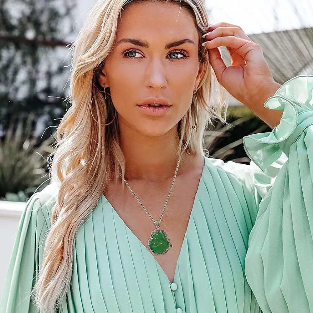 ASGIFT Laughing Buddha Necklace Cubic Zirconia Green Jade Buddha Pendant with 18K Gold Plated Chain Lucky Buddha Necklace Jewelry Gift