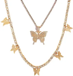 Asphire Sparking Rhinestone Butterfly Pendant Necklace Iced Out Butterfly Tassel Choker Necklaces Set Punk Shinny Tennis Chain Necklace for Women E Girls