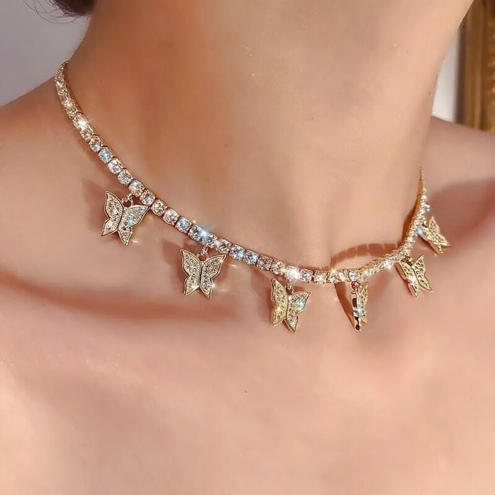Asphire Sparking Rhinestone Butterfly Pendant Necklace Iced Out Butterfly Tassel Choker Necklaces Set Punk Shinny Tennis Chain Necklace for Women E Girls