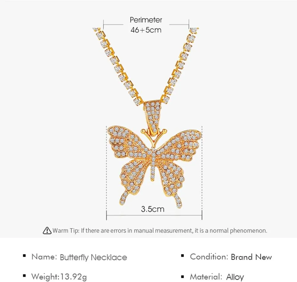 Asphire Sparking Rhinestone Butterfly Pendant Necklace Iced Out Butterfly Tassel Choker Necklaces Set Punk Shinny Tennis Chain Necklace for Women E Girls