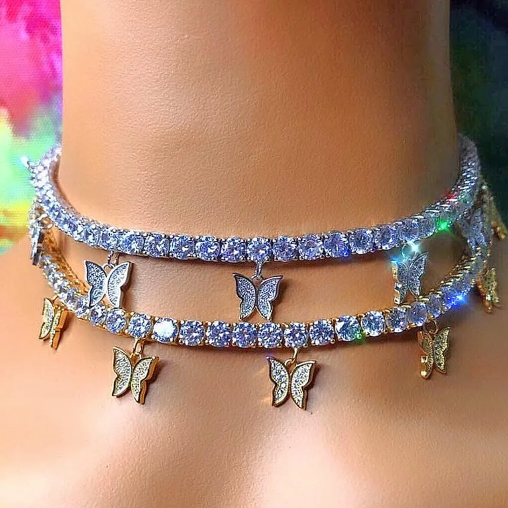 Asphire Sparking Rhinestone Butterfly Pendant Necklace Iced Out Butterfly Tassel Choker Necklaces Set Punk Shinny Tennis Chain Necklace for Women E Girls