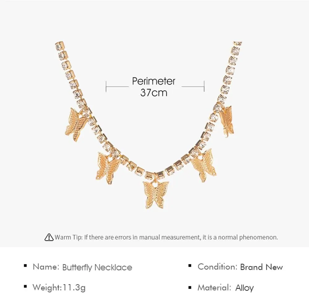 Asphire Sparking Rhinestone Butterfly Pendant Necklace Iced Out Butterfly Tassel Choker Necklaces Set Punk Shinny Tennis Chain Necklace for Women E Girls