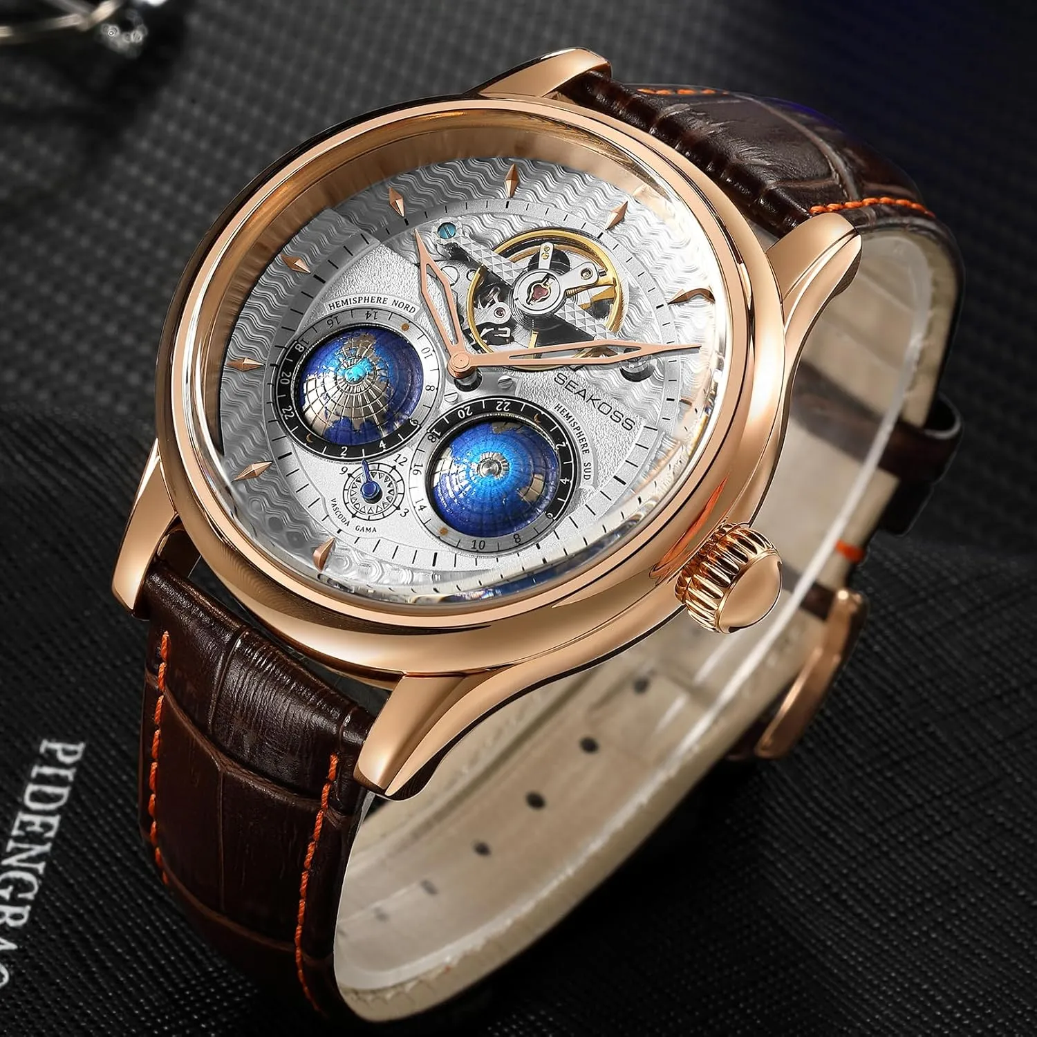 Automatic Watches for Men 47mm Automatic Mechanical Luxury Flywheel Watch 3D Double Globe Stainless Steel Case Men Wrist Watch