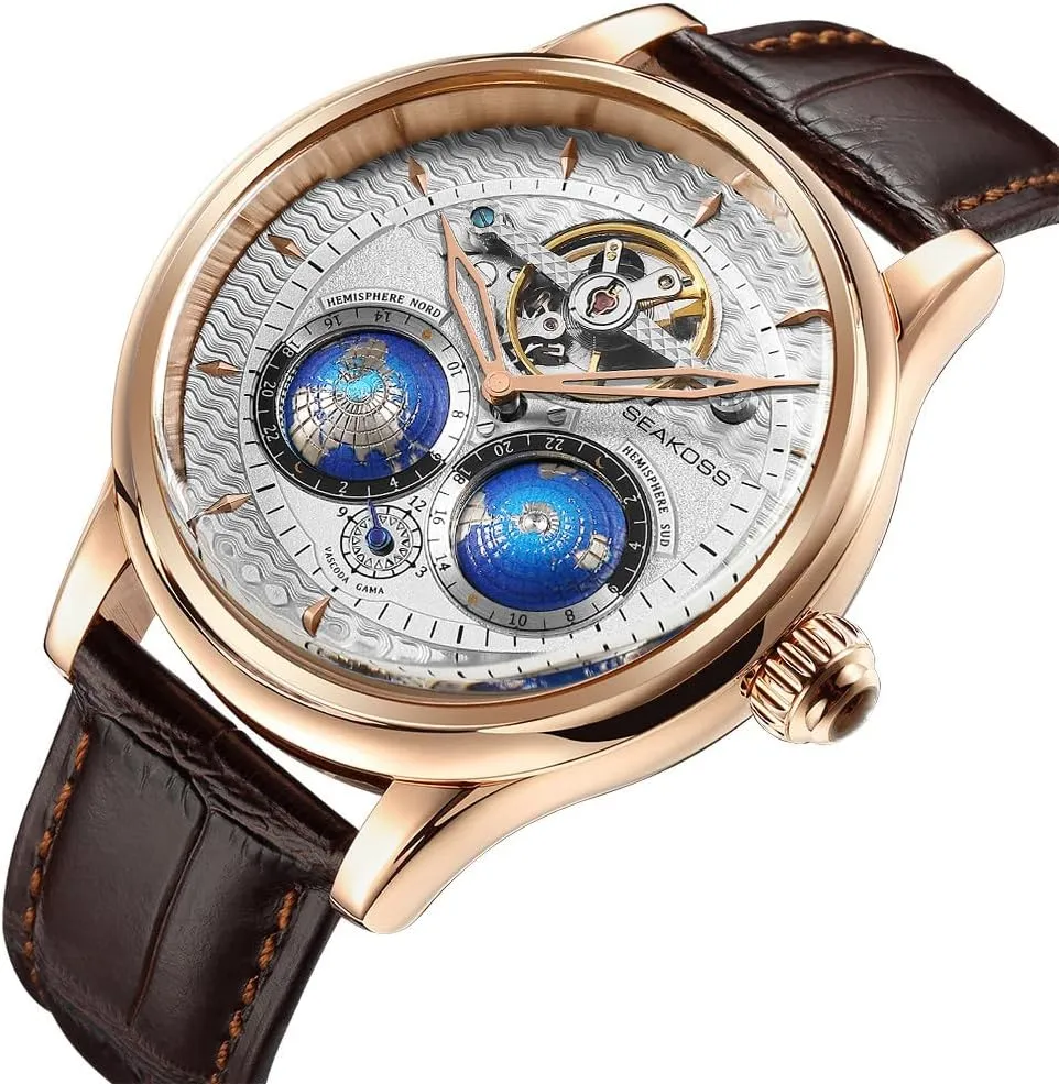 Automatic Watches for Men 47mm Automatic Mechanical Luxury Flywheel Watch 3D Double Globe Stainless Steel Case Men Wrist Watch
