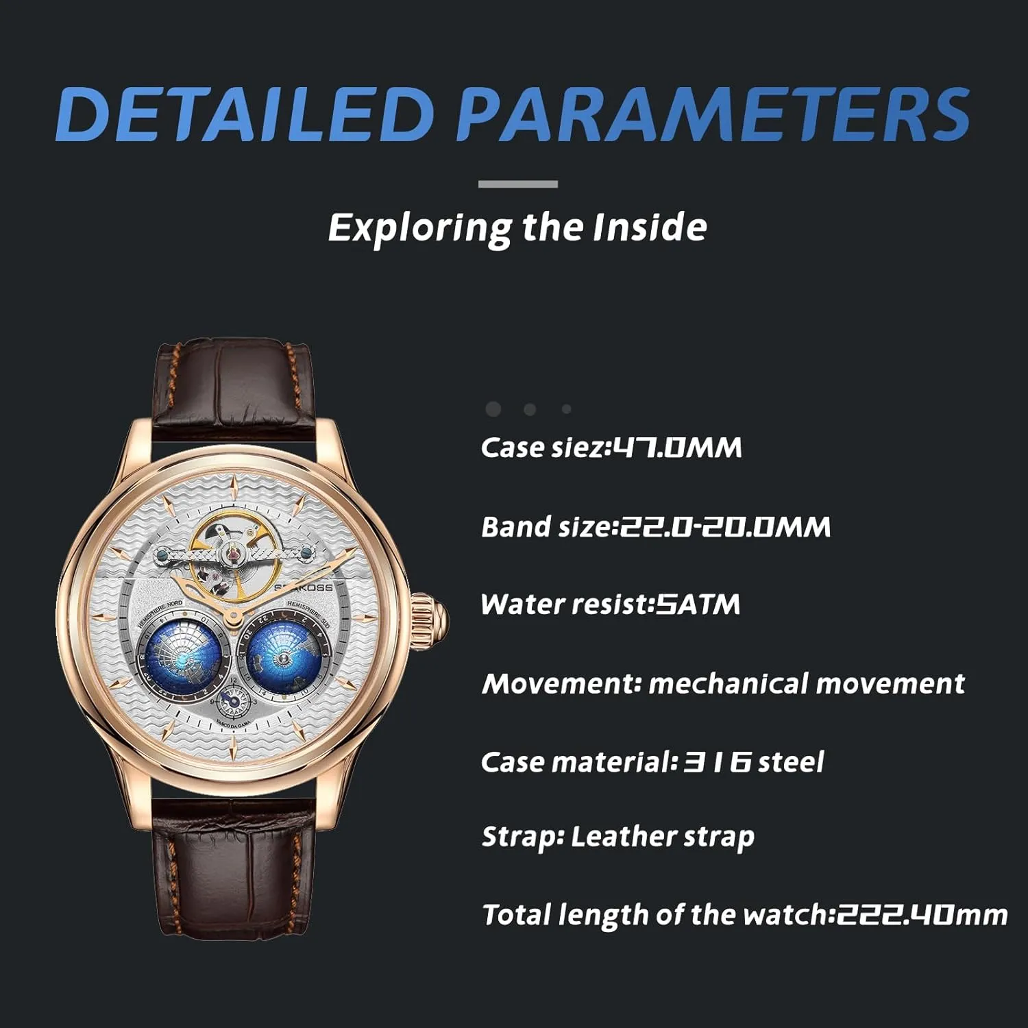 Automatic Watches for Men 47mm Automatic Mechanical Luxury Flywheel Watch 3D Double Globe Stainless Steel Case Men Wrist Watch