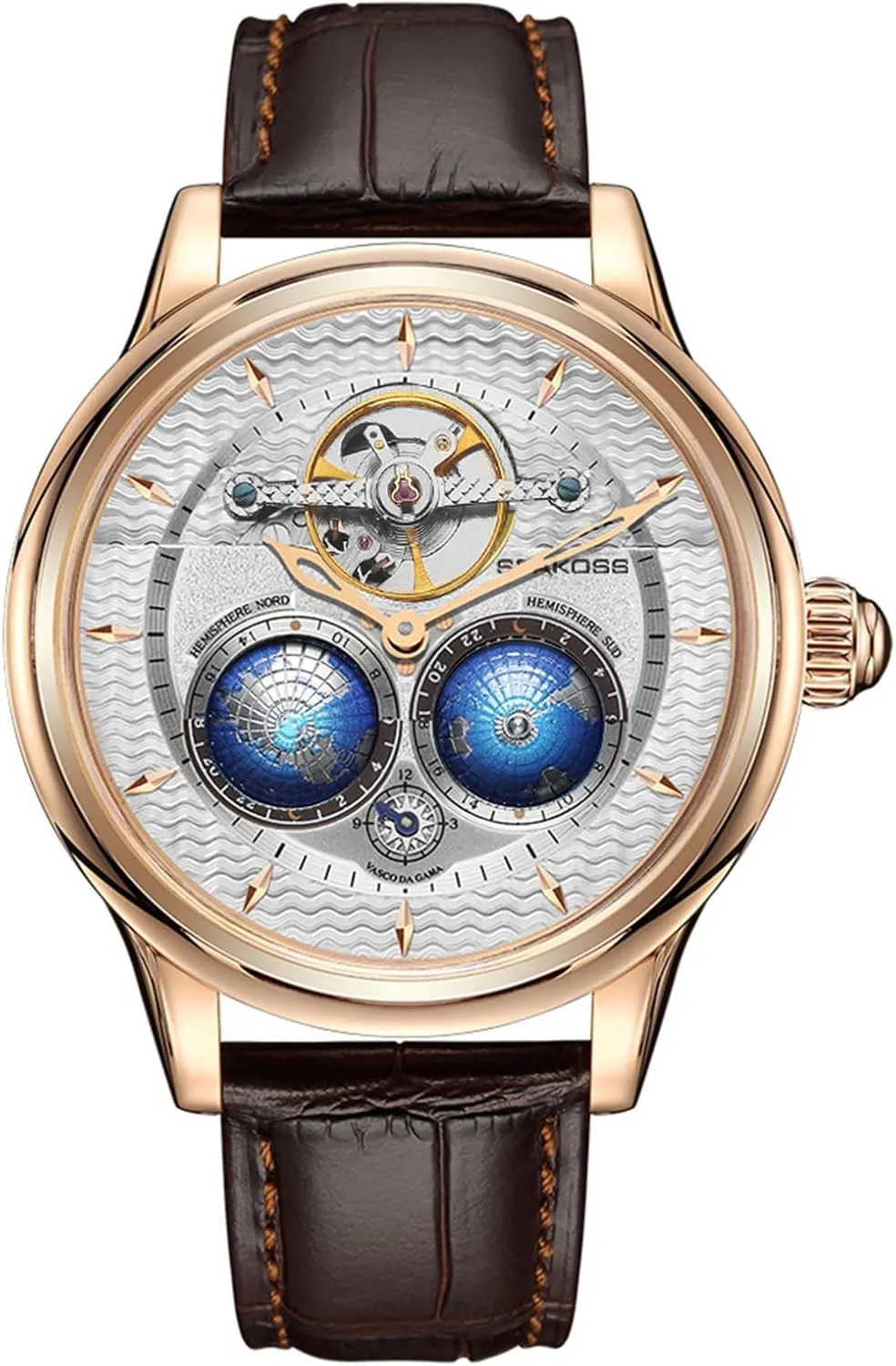 Automatic Watches for Men 47mm Automatic Mechanical Luxury Flywheel Watch 3D Double Globe Stainless Steel Case Men Wrist Watch