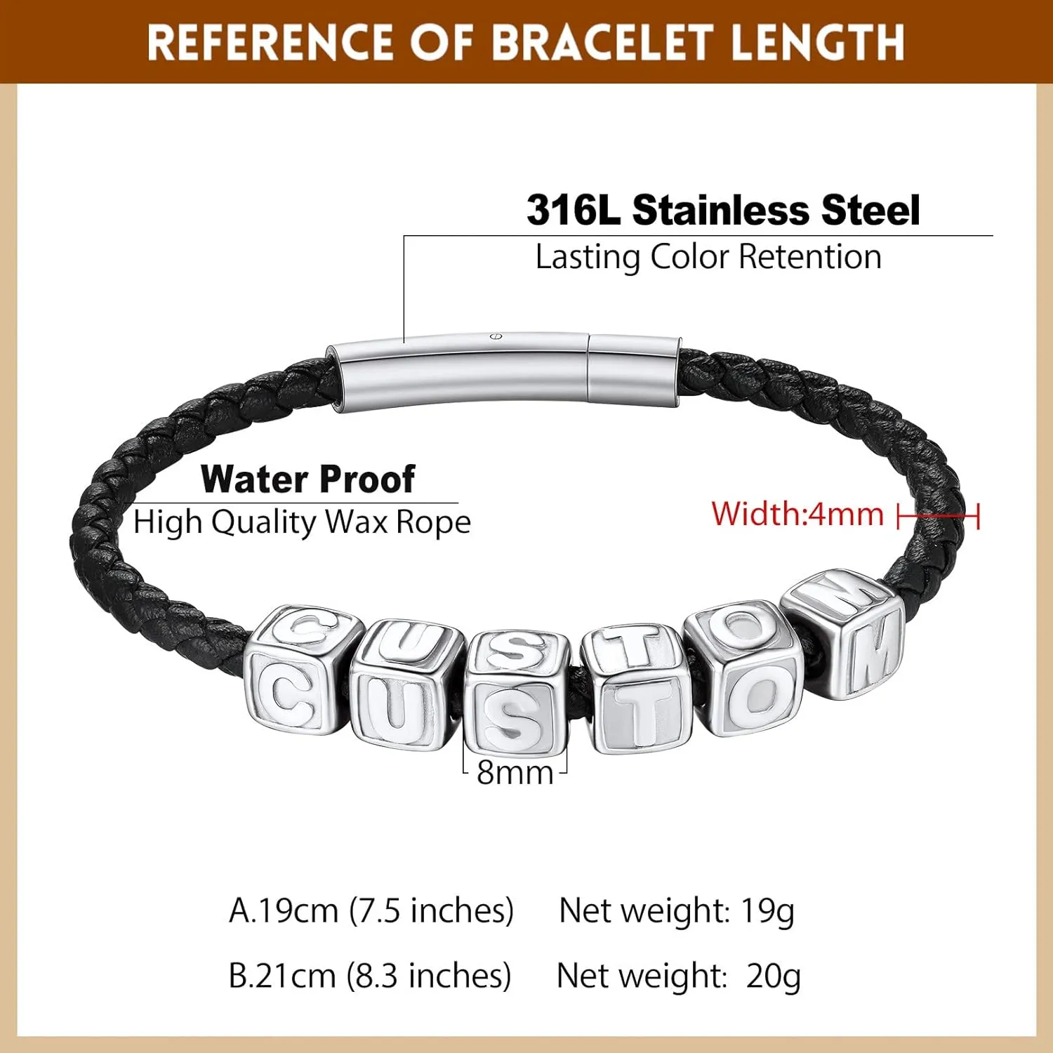 Bandmax Personalized Letter Bead Leather Cord Bracelets for Women Men Custom Letter Initial Name Bracelet Customized Gift for Father Mother