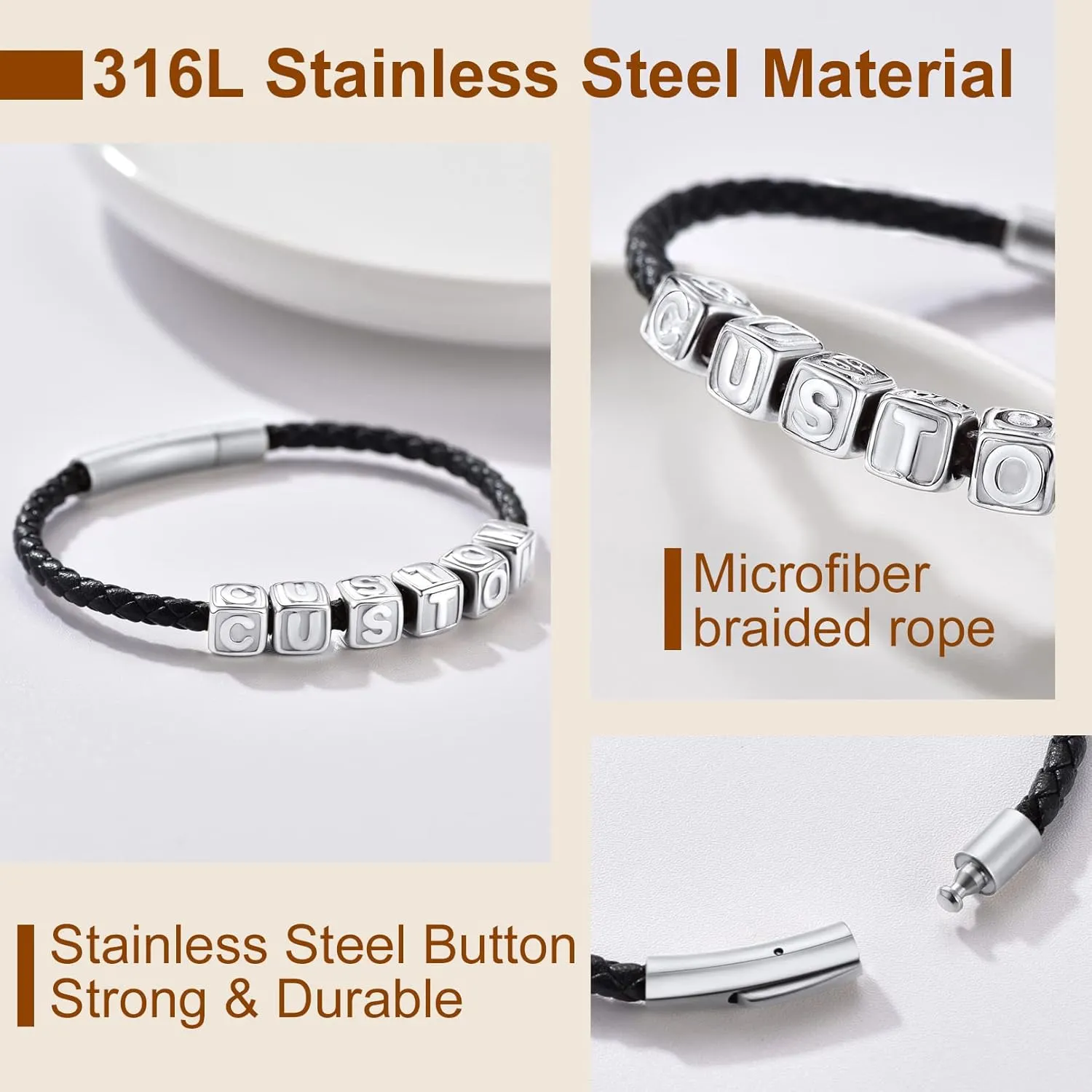 Bandmax Personalized Letter Bead Leather Cord Bracelets for Women Men Custom Letter Initial Name Bracelet Customized Gift for Father Mother