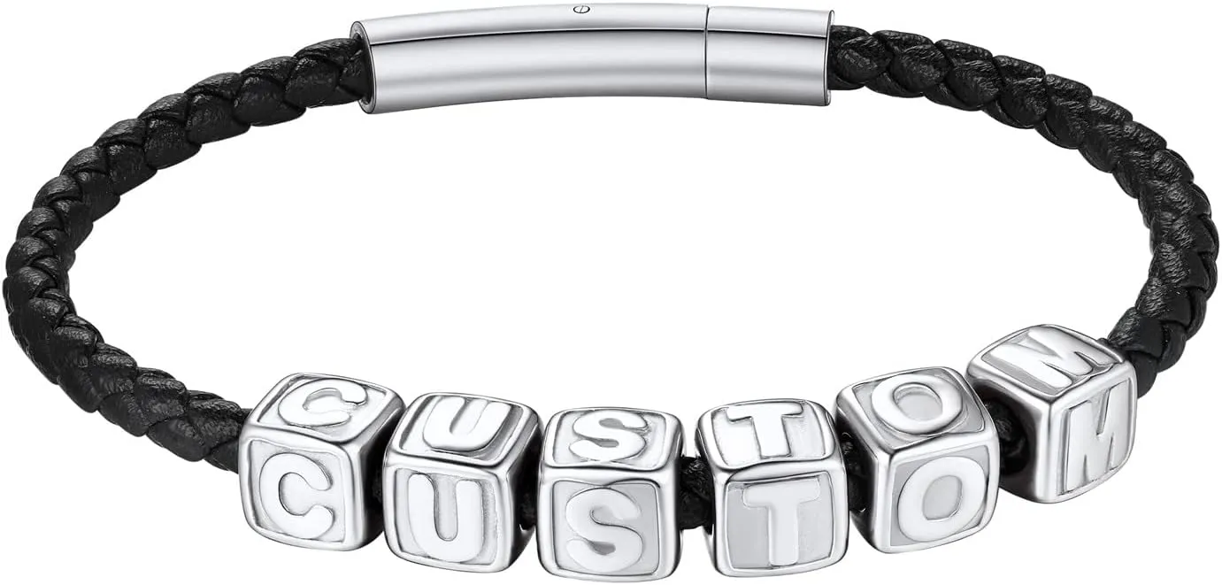 Bandmax Personalized Letter Bead Leather Cord Bracelets for Women Men Custom Letter Initial Name Bracelet Customized Gift for Father Mother