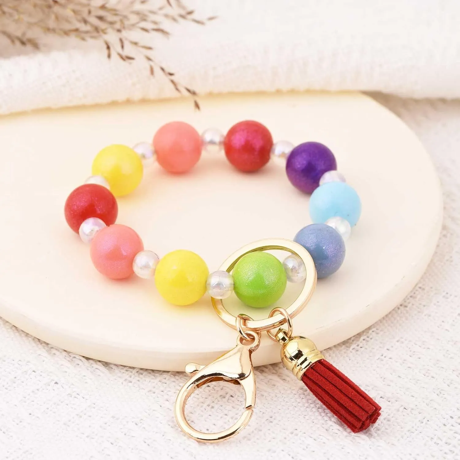 BAOSIWA Silicone Beaded Keychain Wristlet Key Ring Bracelet Cute Car Key Chain Holder with Acrylic Beads for Women Girls